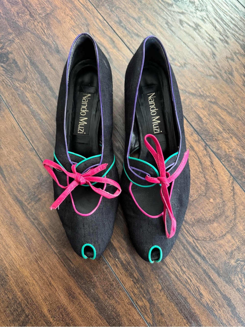 Nando Muzi Black Flats with Pink Bow and Teal Trim